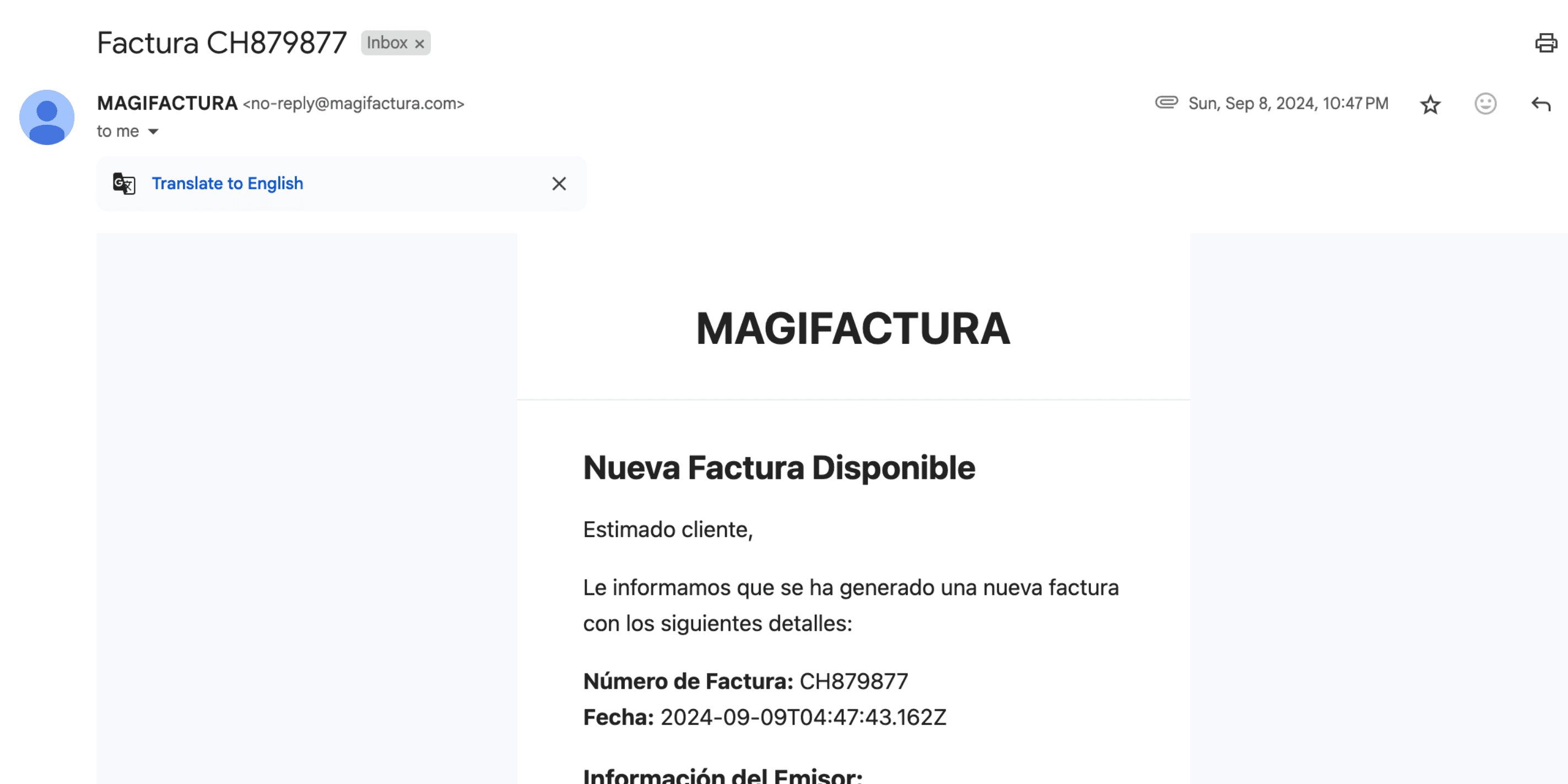 Correo automático con la factura CFDI adjunta en PDF y XML