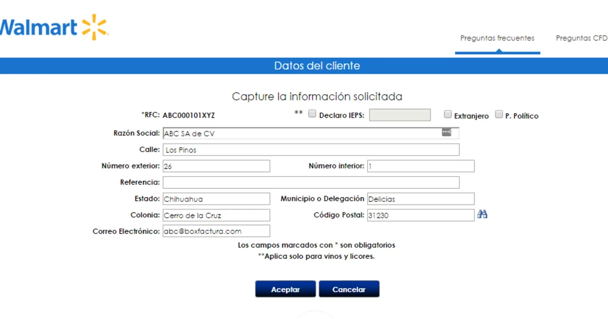 Formulario "Datos del cliente" del portal de facturación de Walmart con campos de RFC, razón social y domicilio
