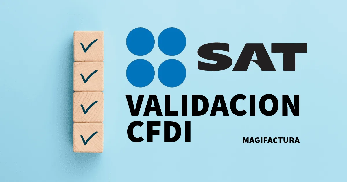 Cubos de madera con palomitas junto al logotipo del SAT y el texto "Validación CFDI"